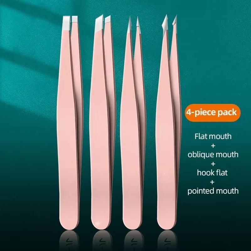 4-Piece Eyebrow Tweezers Set, Stainless Steel Slant Tip Tweezers for Men & Women, Precision Grooming Tool Kit, Eyebrow Styling Kit, Cosmetic Makeup Tool, Single Item Pack