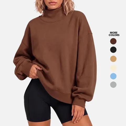 Flowyair Women's Oversized Casual Cotton Blend Hoodie - Mock Neck, Long-Sleeve, Side Slit, Loose Drop Shoulder, Define