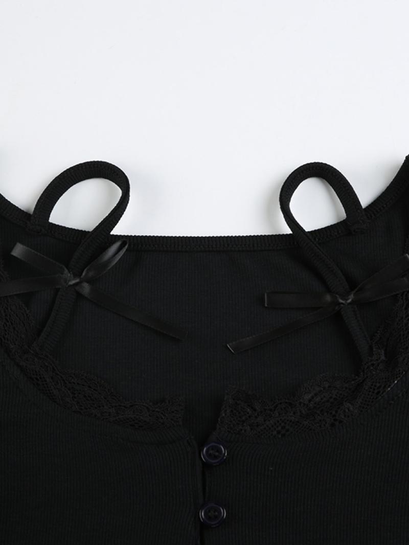 Women's Plain Lace Trim Bow Decor Tee, Y2K Trendy Casual Long Sleeve T-shirt for Spring & Fall, Women's Clothes for Daily Wear, Cute Tops, Feminine