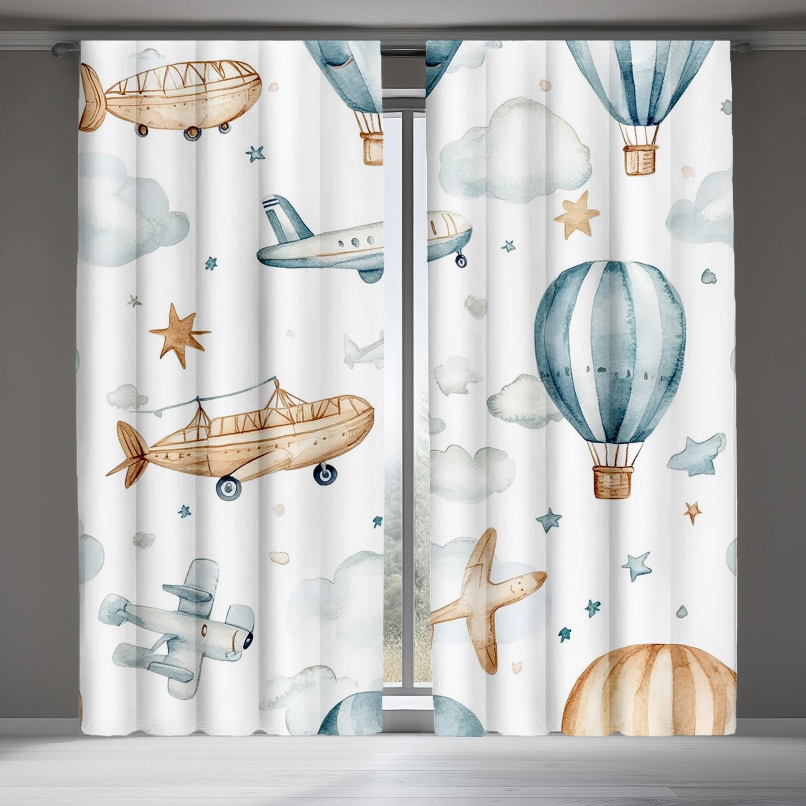 2pcs Cute Animal Curtains with Rainbow Hot Air Balloon & Airplane Design - 100% Polyester Semi-Translucent Rod Pocket Curtains for Bedroom & Living Room, Machine Washable Whimsical Decor, Living Room Curtains, Vintage Airplane Motif, Durable Fabric