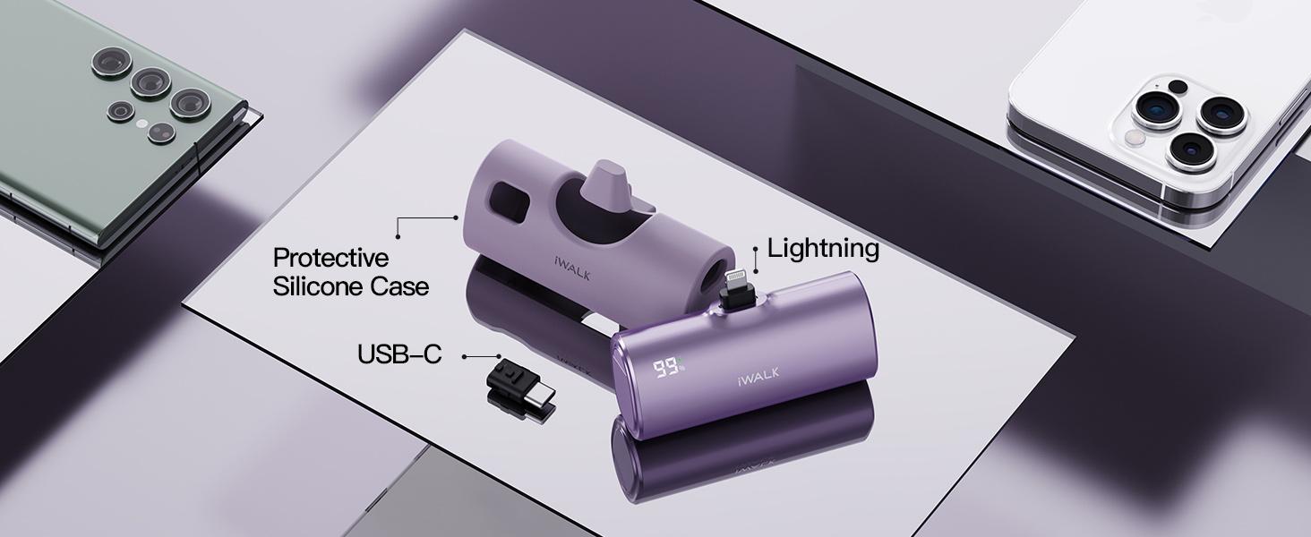 iWALK 5000mAh LinkPod X Mini Portable Charger with USB-C & Lightning Plugs, 20W Fast Charging, LED Display, Protective Silicone Shell for iPhone 16/15/14, Samsung, AirPods - Silver Power Bank