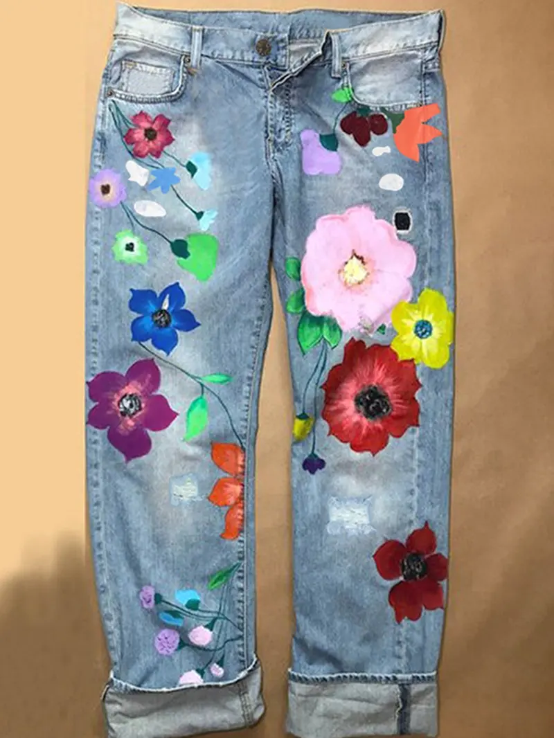 Daily Wear Light Wash Jeans with Large Plant Print, Fashion Street Style Straight Leg Long Pants, Loose-Fitting All-Season Denim