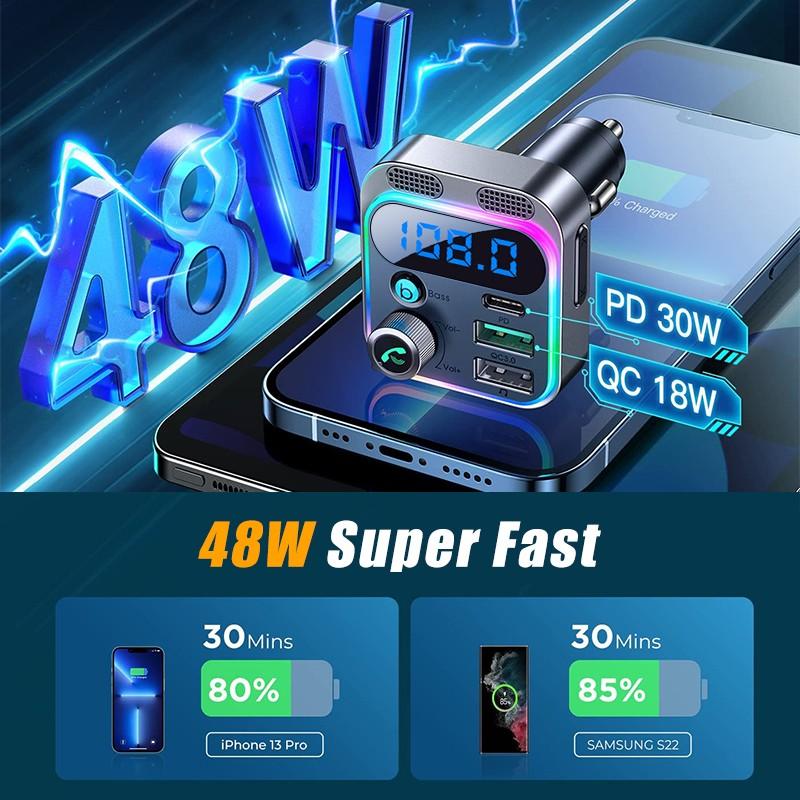 Fiowima USB C Bluetooth Adapter for Car, AUX Wireless FM Radio Transmitter, Handsfree Calling & Audio Receiver, MP3 Music Player, QC3.0 & Type-C PD USB Charger