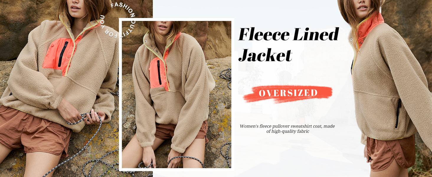 UANEO Women's Lightweight Fleece Pullover Jacket Cropped Fall Winter Fuzzy Sherpa Jacket Sweatshirt Coat with Pockets Casual Long Sleeve Womenswear
