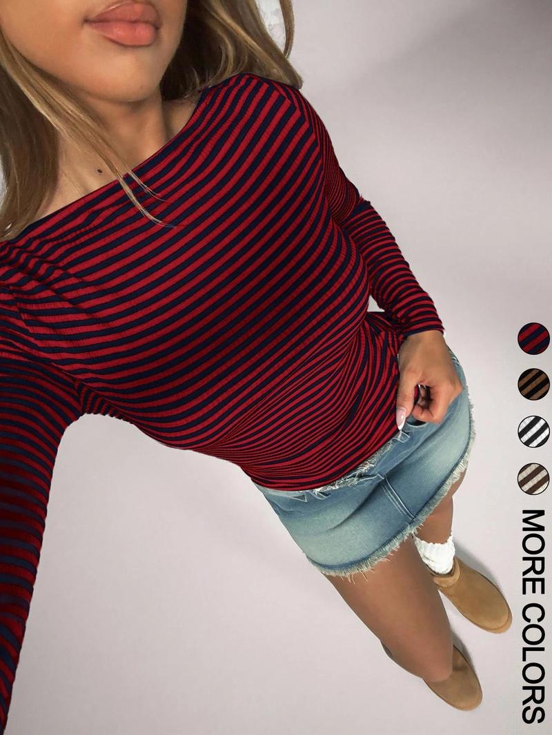 Valentine's Day Women's Casual Striped Slim Fit Long Sleeve T-Shirt, Comfortable Ladies Top for Daily Wear, Stylish and Versatile Design