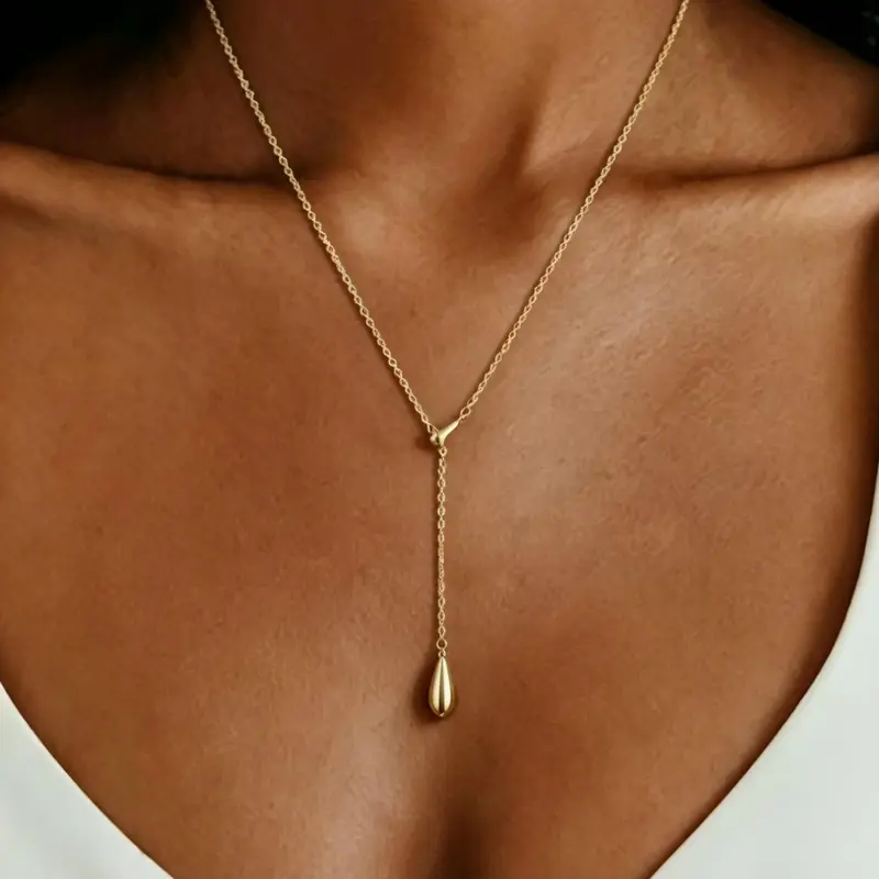 Teardrop Y Shape Slider Necklace for Women, Non Tarnish Waterproof Stainless Steel Chain, Gold Plated Double Waterdrop Pendant Choker, Clean Girl Aesthetic Jewelry, Everyday Luxury Minimalist Birthday Gift Idea for Girlfriend, Jewelry Gifts