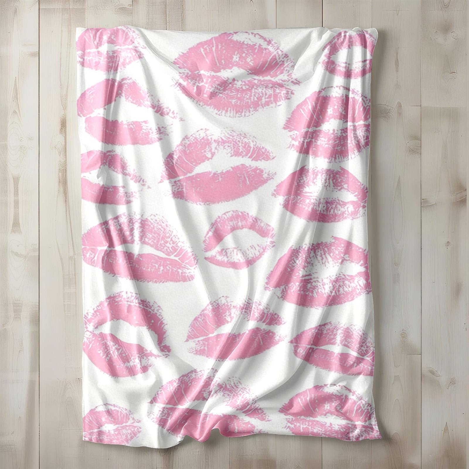 1 piece Pink lipstick mark texture background. themed flannel blanket - Modern-style all-season flannel blanket, soft and comfortable, suitable for sofas and beds, digital print design, 100% polyester material, machine washable, ideal for home