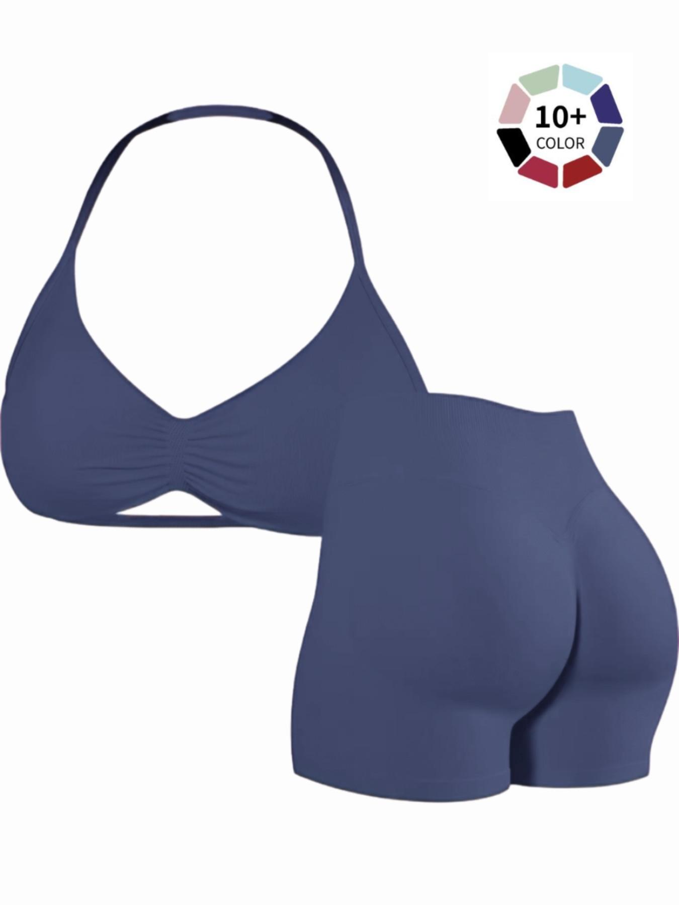 Women's Two-Piece Set, Solid Color Halter Top & High Waist Shorts, Sporty Breathable Quick-Dry for Yoga Gym Workout Running