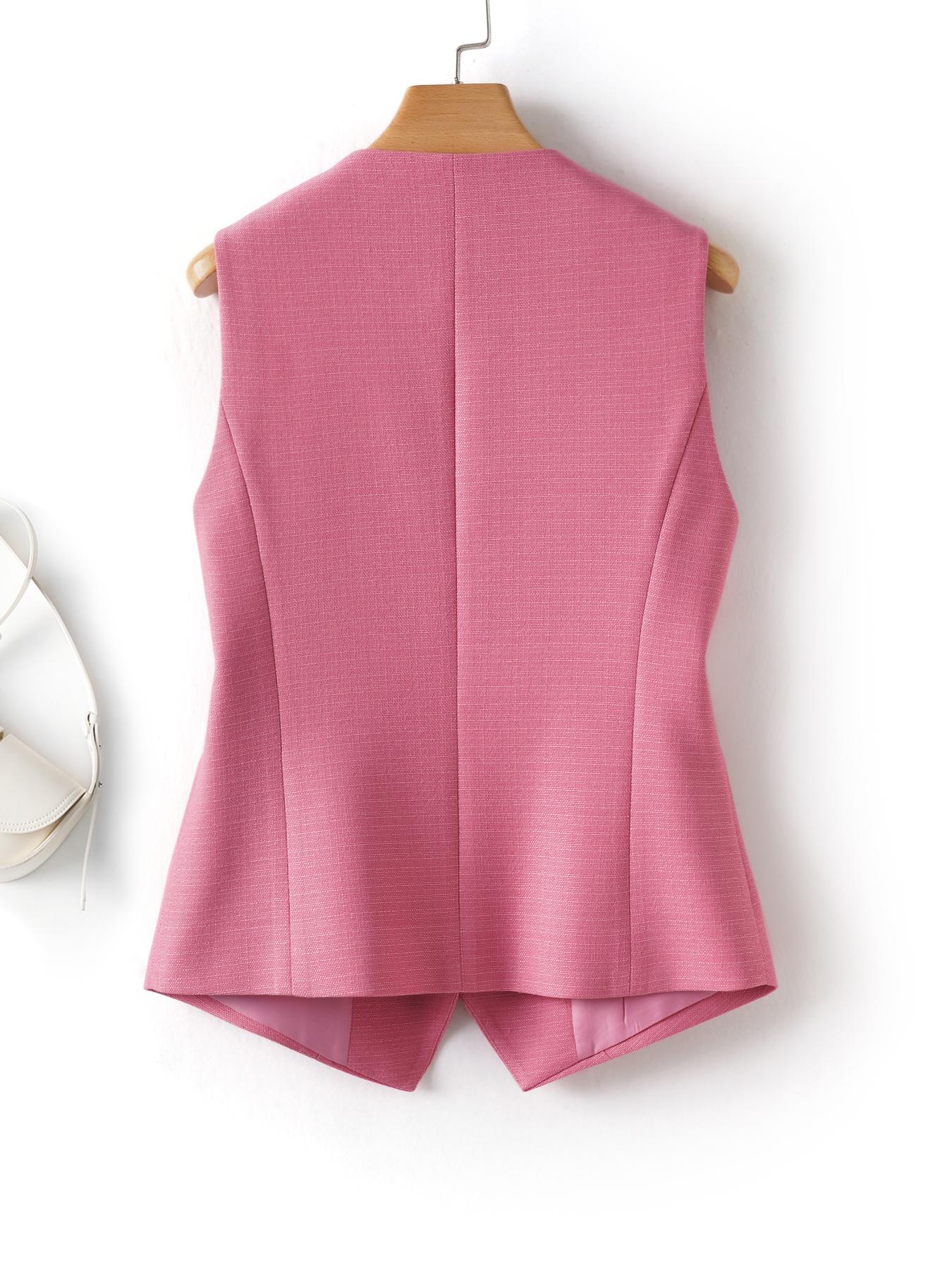 Women's Solid Button Front Vest Blazer, Fitted Elegant V Neck Pocket Suit Vest For Work Office Business, Ladies Spring & Fall Clothes, Modern Easy Wear