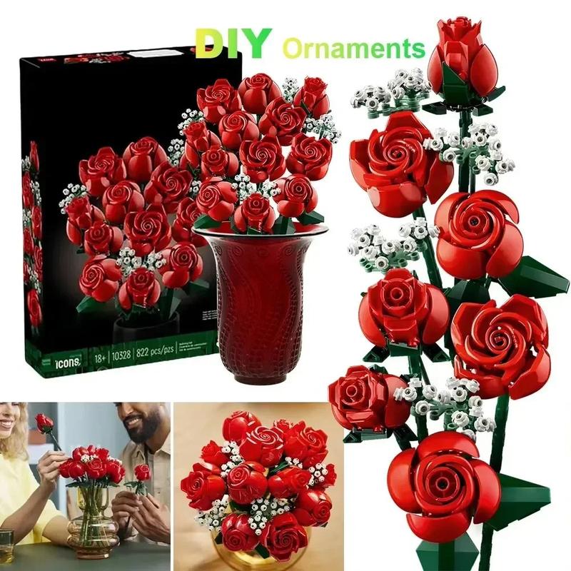 789pcs Pink Rose Bouquet 10374 Building Blocks Sets Red Rose Artificial Flower Bouquet Suitable for Christmas Gifts for Girlfriend Valentine's Day Gifts