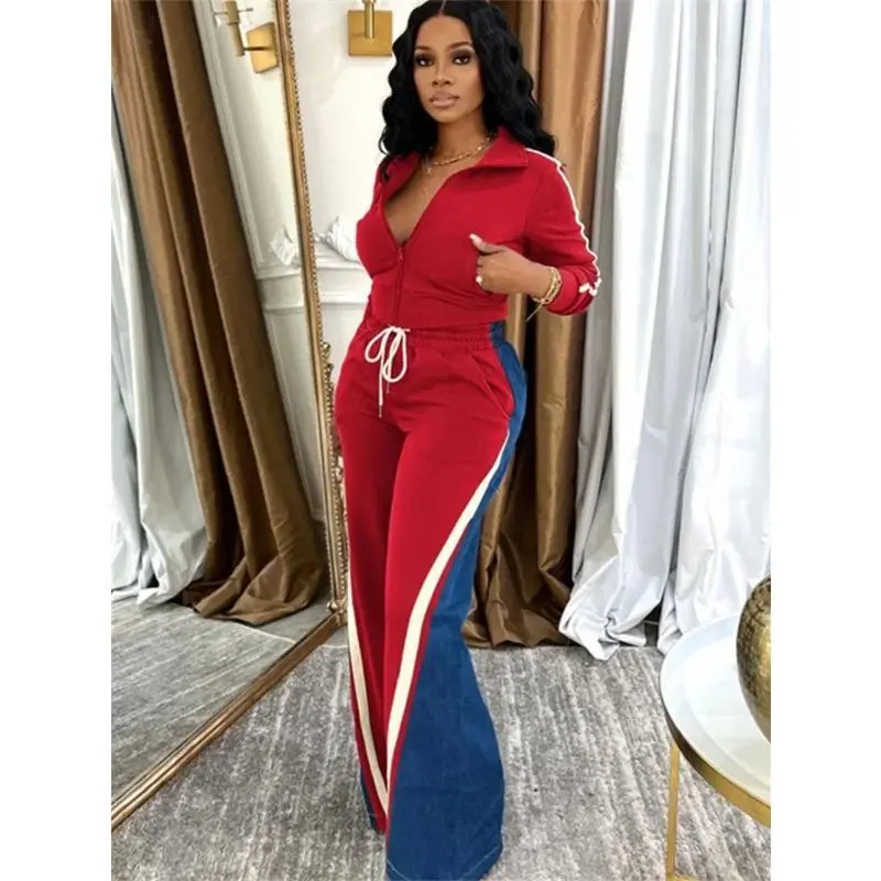 StreetwearColorblock2PieceSetsWomenOutfitFallClothes2025WomenZipTopDenimPatchworkPantSetsCasualTracksuitsSet