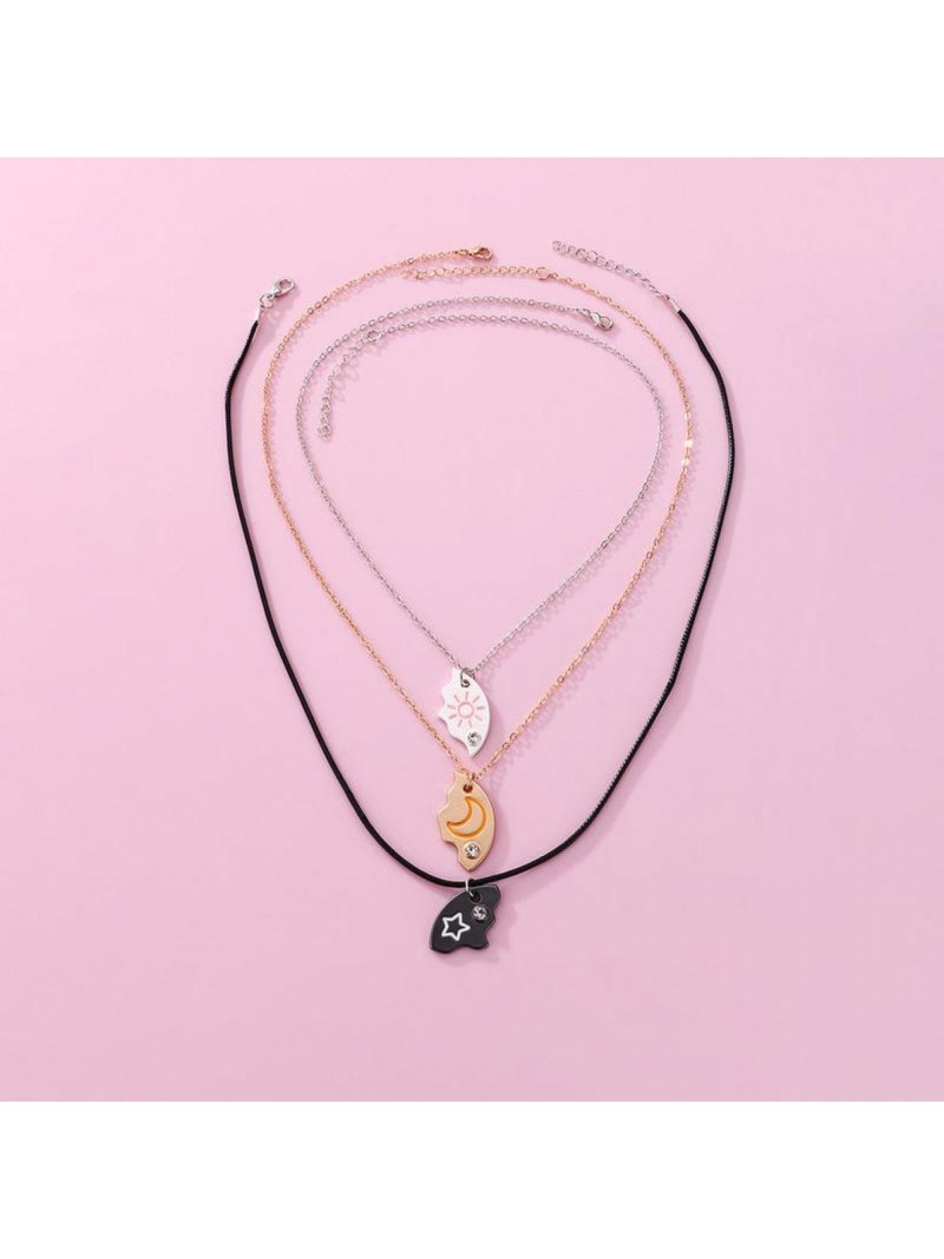 Set of 3 Round Rhinestone Star Moon Sun Friendship Necklaces BFF Best Friends Forever Fantasy Cute Pendant for Unbreakable Friendship