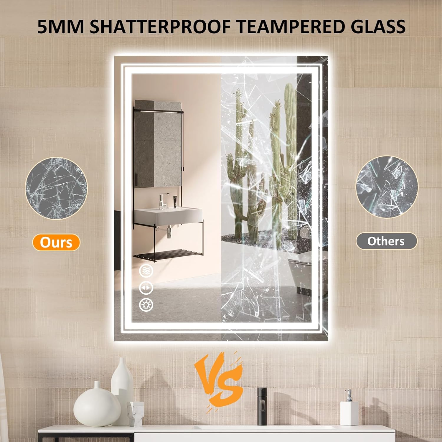 GLITGATE 60"x28" LED Bathroom Mirror, Front Light and Backlit LED Mirror for Bathroom, Lighted Vanity Mirror for Wall, Stepless Dimmable, Anti-Fog, Shatter-Proof, Memory, Double LED Vanity Mirror