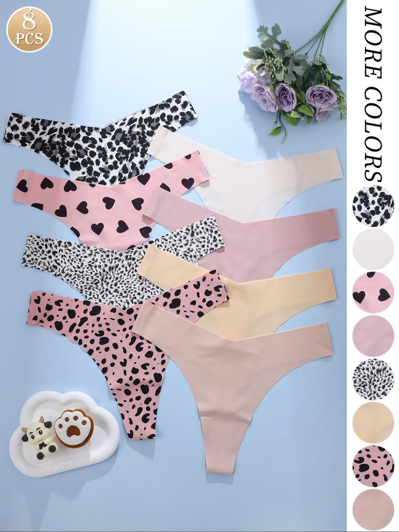 Sweet & Edgy Girls' Exclusive! 8-Piece Macaron Adhesive Thong Set: Pink-Base with Black Hearts + Pink/Black Leopard Prints + Low-Saturation Solids, Daily-Appropriate with Subtle Sexiness