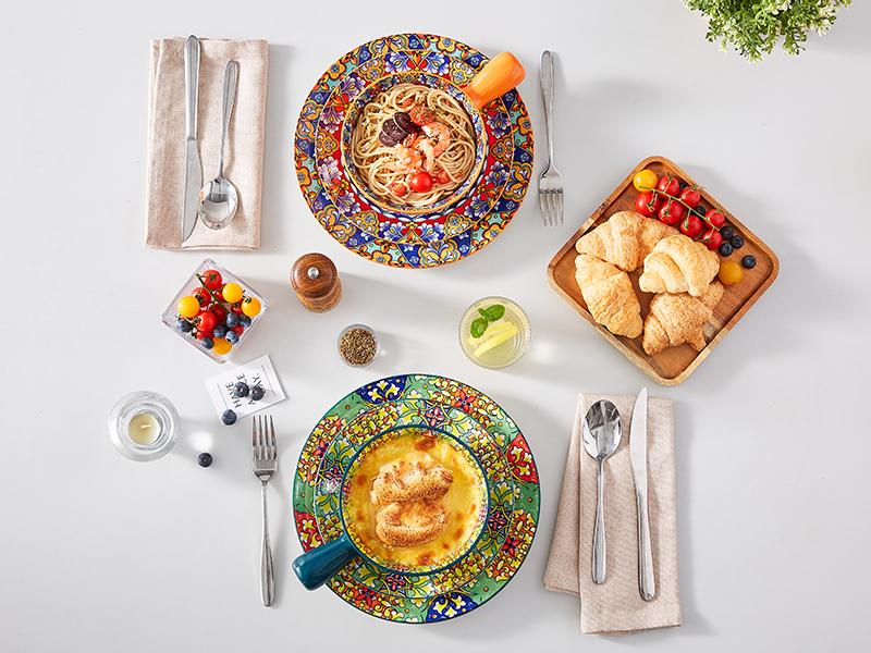 vancasso Soup Bowls with Handles, 23 Oz French Onion Soup Bowls Oven Safe, Bohemian Ceramic Soup Crocks for Cereal, Pasta, Beef Stew, Chilli, Microwave Dishwasher Safe-6.2 inch, Set of 4