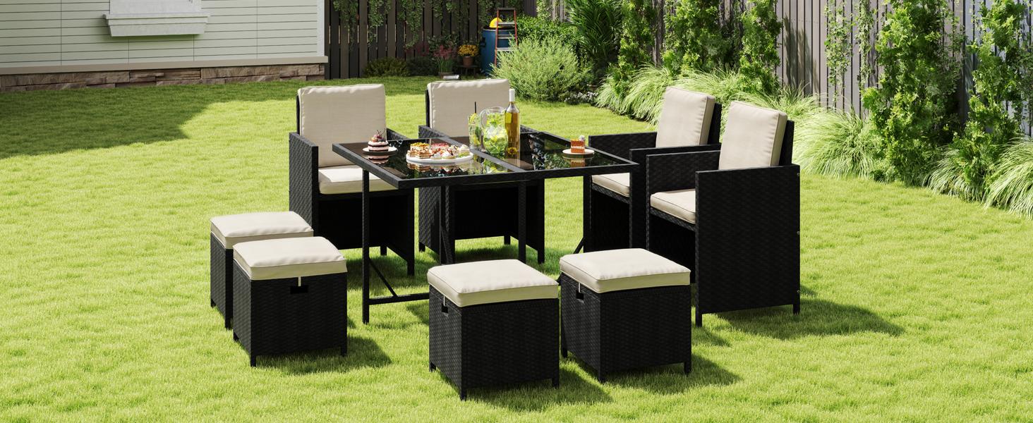 Yaheetech 9-Piece Patio Dining Sets, Outdoor Space Saving Rattan Chairs with Glass Table, Wicker Sectional Conversation Furniture Set with Removeable Cushions, Black/Beige