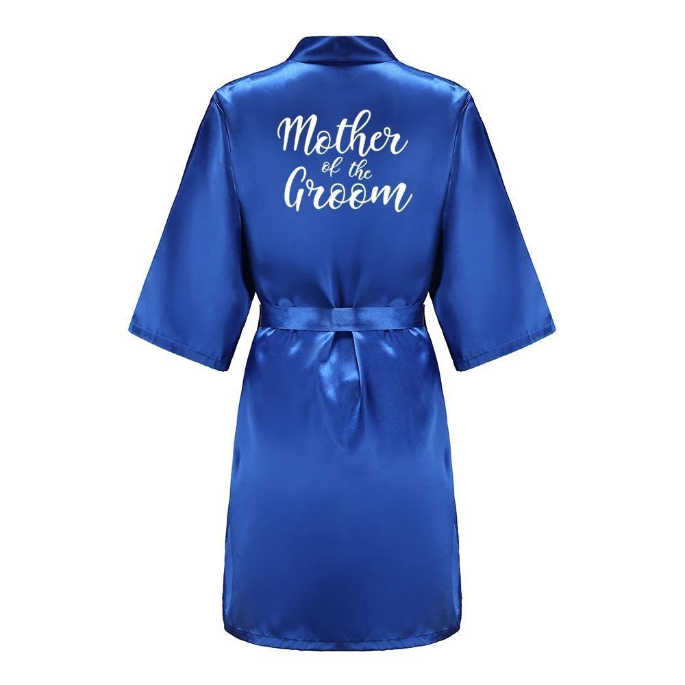 Team Bride Satin Kimono Lounge Robe, Royal Blue Bridesmaid Bathrobe with White Letters, Wedding Party Stress Relief Loungewear