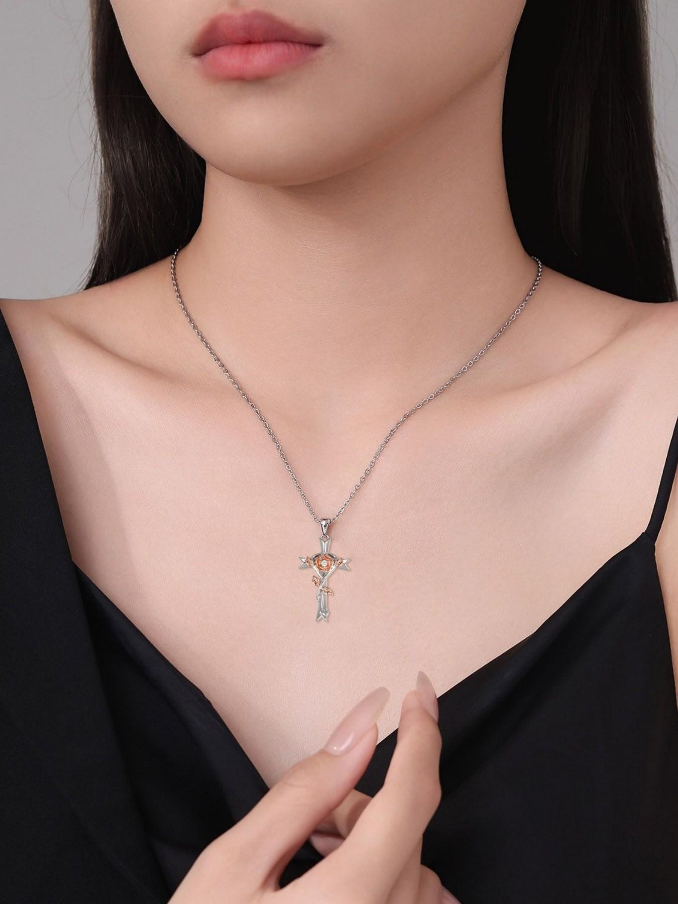 Cross Rose Glow · Dual Charm Original niche rose cross gem necklace with red preserved rose gift box. Ideal for birthdays, Mother's Day, Valentine's Day and all festivals.
