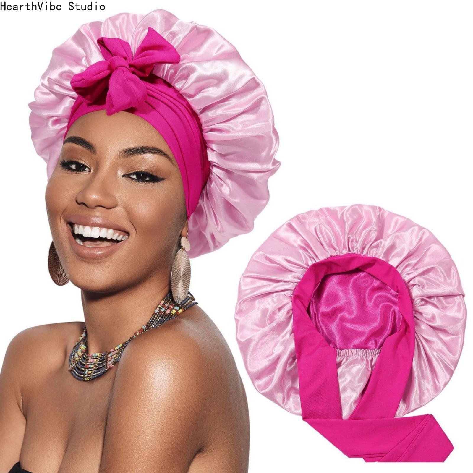 Reversible Double-Layer Satin Bonnet with Adjustable Ribbon Ties - Hydrating Silk Sleep Cap and Hair Wrap for Women with Curly Hair, Braids, Haircare, Gift, Luxury, Frizz Control, Moisturizes, Heatless, Salon, Frizz Free, Long Box Braids, Hair Rollers