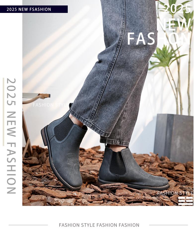 Men's Western cowboy boots, square-toe Chelsea boots, casual and retro, stylish and classic, comfortable and versatile. The simple design is suitable for office wear, outdoor activities, and everyday use.