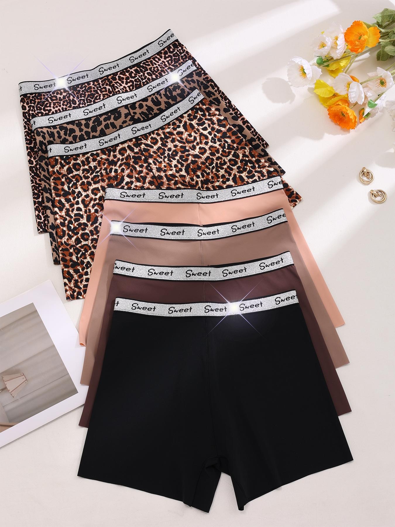 Women's Leopard & Plain Print Contrast Letter Tape High Waisted Boxer Brief, Soft Comfy Breathable Panty for Daily Wear, Underwear for All Seasons