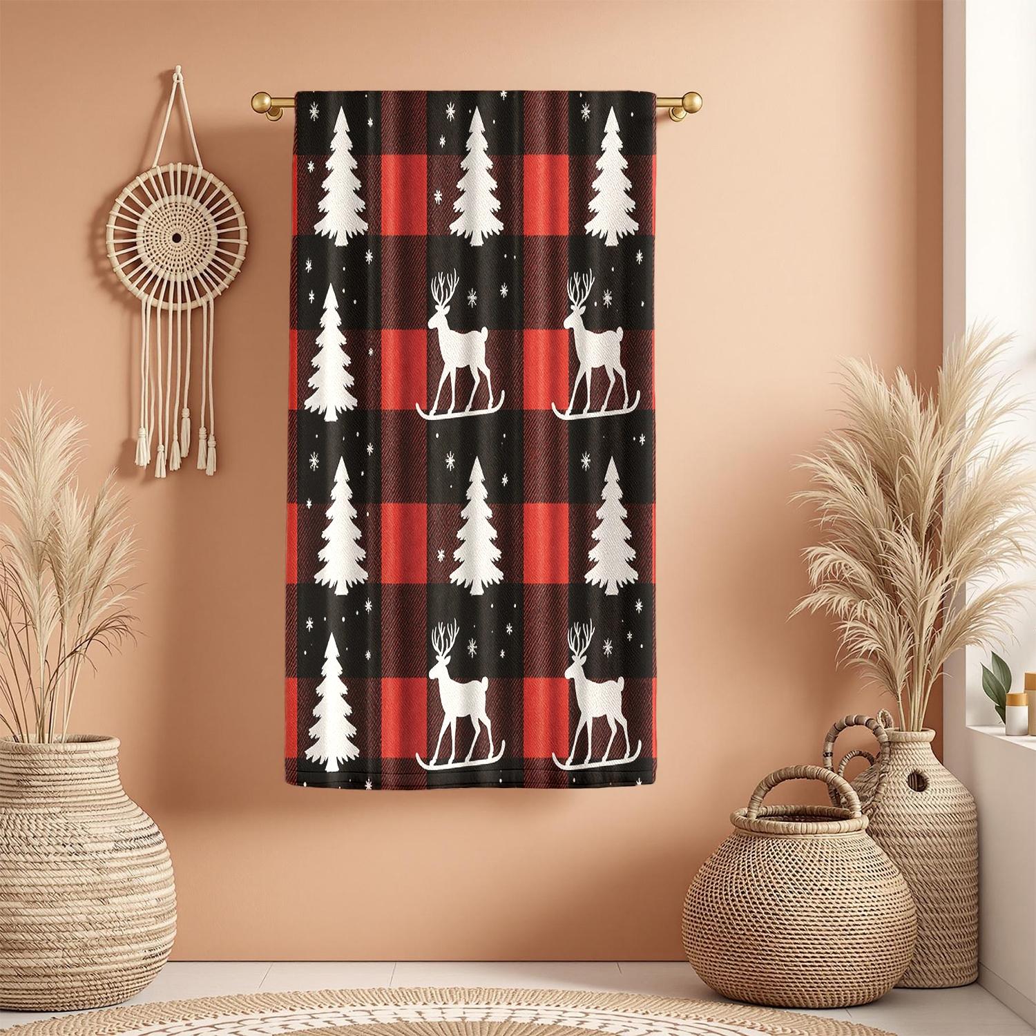 1Pc Christmas themed Buffalo check Fabric with Trees and Reindeer Bathroom Hand Towel Bath Towel, Multiple Size Microfiber Towel, Ultra-Soft Quick Dry and Absorbent Polyester Large Bath Towel, Kitchen Towels, Festiv