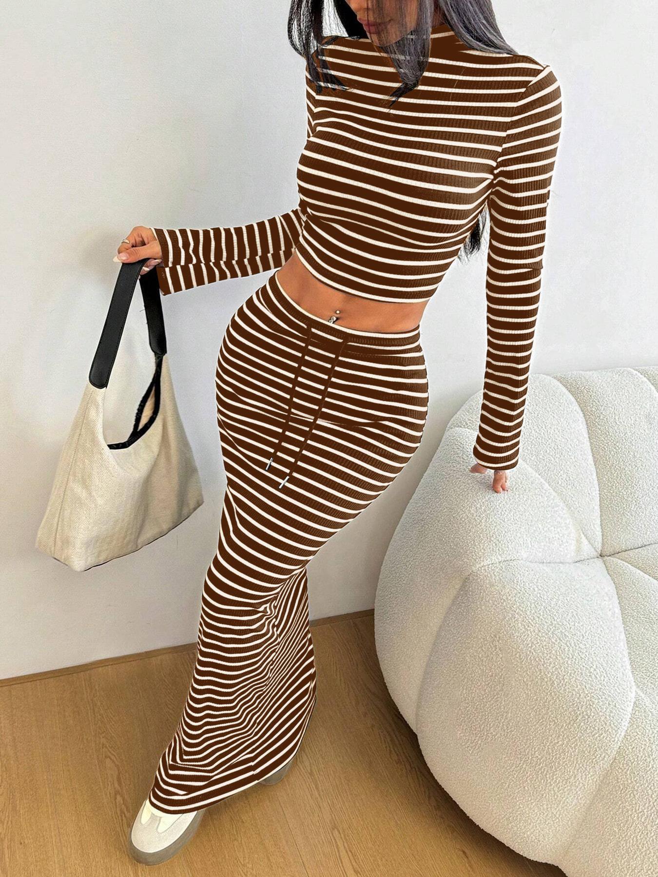 Women's Striped Print Long Sleeve Top & Skirt Two-Piece Set, Elegant Casual Outfits for Daily Outdoor Wear, Women's Clothes for All Seasons, Airport Outfit