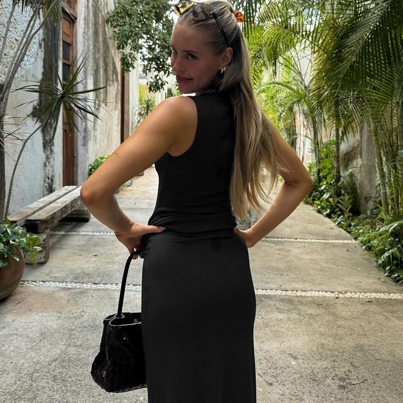 Ribbed Button Front Tank Top & Midi Fishtail Skirt Two Piece Set Women's 2025 Summer Casual Elegant Slim Bodycon Suit for Night Party Club Beach Vacation Outfits Suit