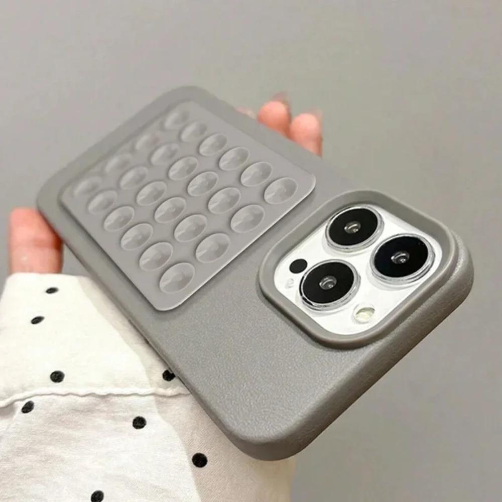 Minimalist Solid-Color Suction Cup Stand Leather-Textured Phone Case Cover Casing For iPhone 17 16 15 14 Plus 13 12 Pro Max 11 XS XR XS Max Shockproof Protective Case Accessories