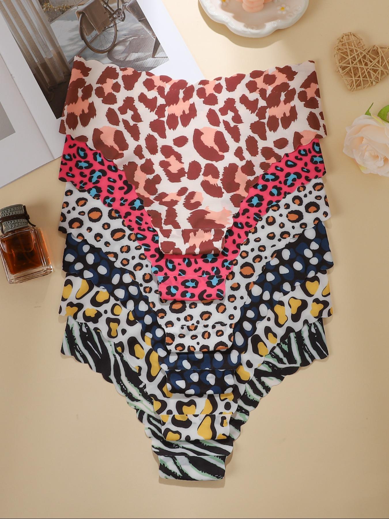 Women's Solid / Leopard Print Scallop Trim Brief, Soft Comfy Breathable Seamless Panty for Daily Wear, Women's Underwear for All Seasons, Solid Print Knicker