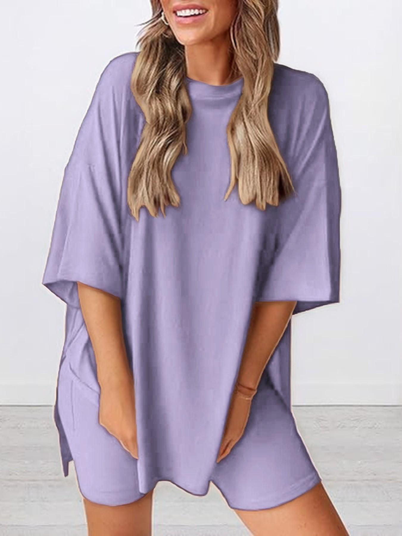 Women's Solid Color T-Shirt and Tight Shorts Set, Summer Comfort Round Neck Pajamas Loungewear, Nightwear, Pocket Design, Suitable for Outdoor Wear