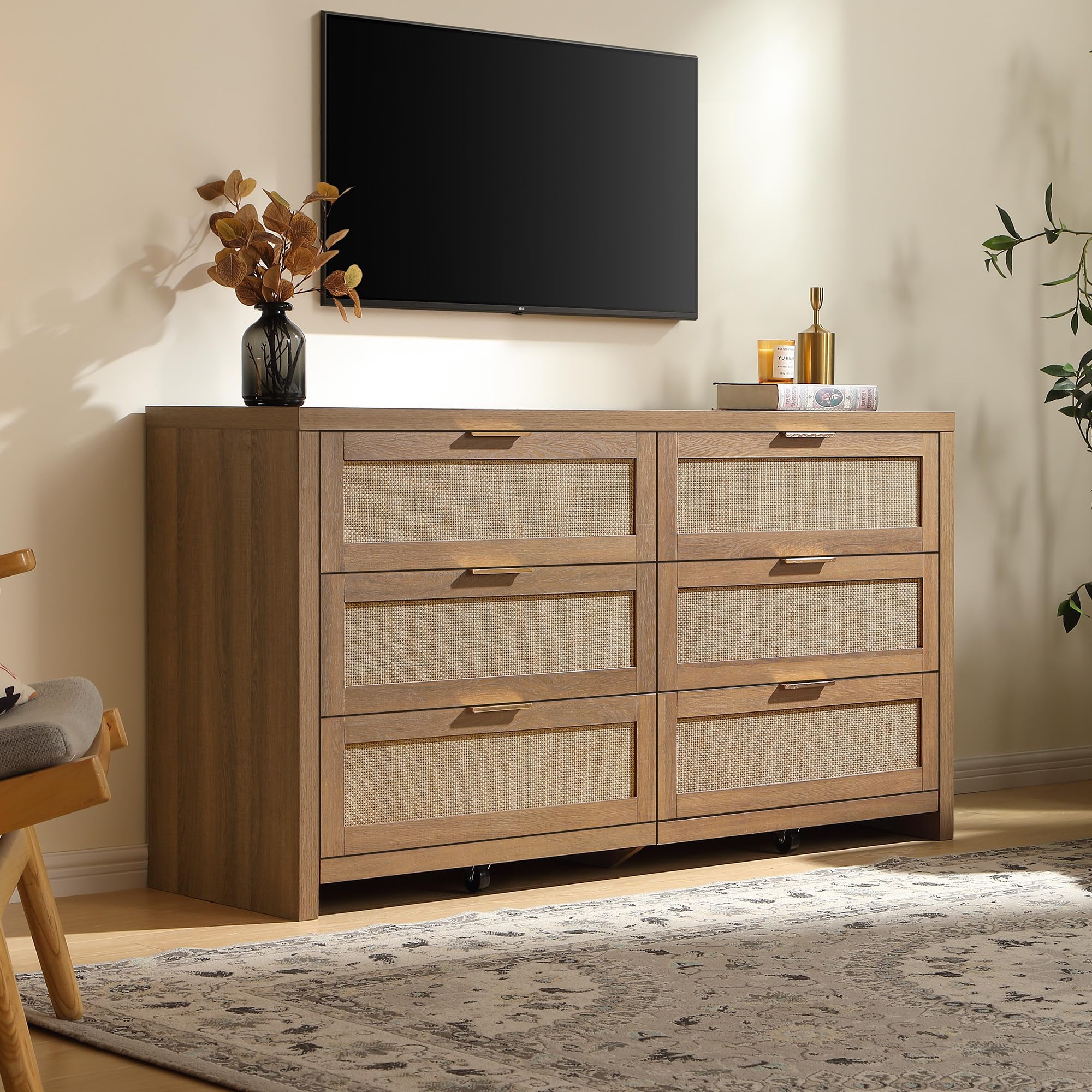 SICOTAS Larger Rattan Night Stand - 15.4"D x 24.8"W x 26.5"H Nightstands with Type-C Charging Station, 3 Rattan Mesh Drawers, Usb port Boho Bedside Table End Table with Storage for Bedroom Sofa Couch Office, Robust and Stylish, Durable