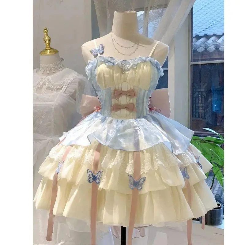 2025 Gothic Sweet Floral Strap Lolita Dress Women Causal Y2k Party Midi Dress Beach Bow Kawaii Clothing One Piece Dress Punk