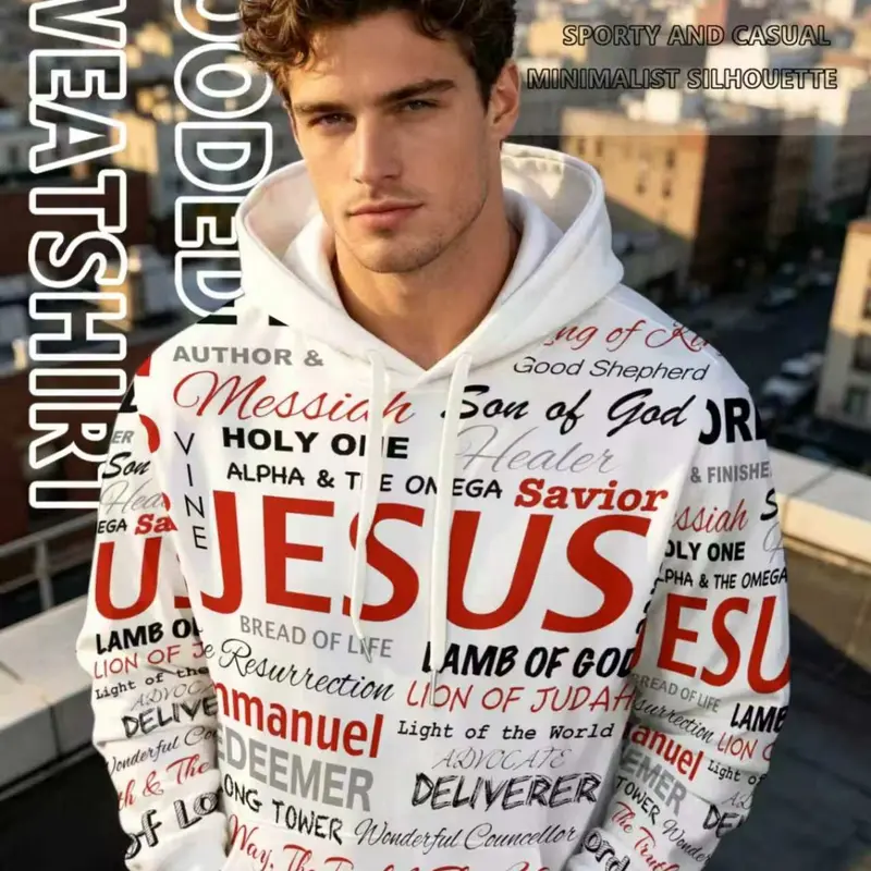 Jesus Print Men's Fashion Casual Hoodie, Religious Graphic Sweatshirt, 100% Polyester Knit Fabric, Slight Stretch, Loose Fit, Long Sleeve, Fall Winter Season