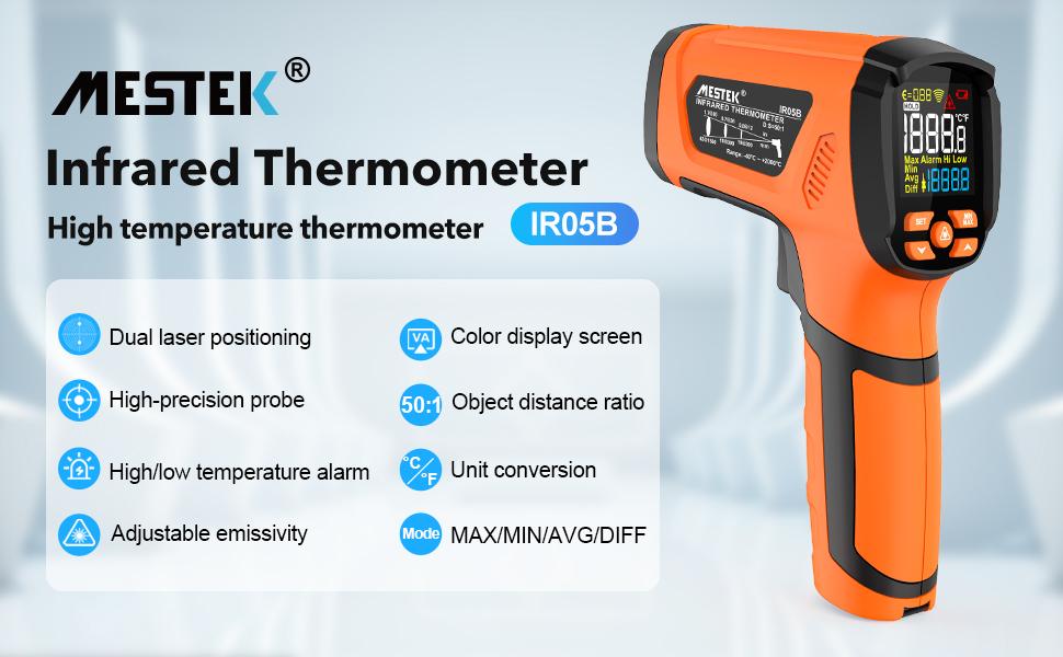 Mestek IR05B Infrared Thermometer -40°F ~3632°F,-40~2000℃ with 2 Dual Laser High Temperature Meter Color Screen Thermometer with Temperature Probe