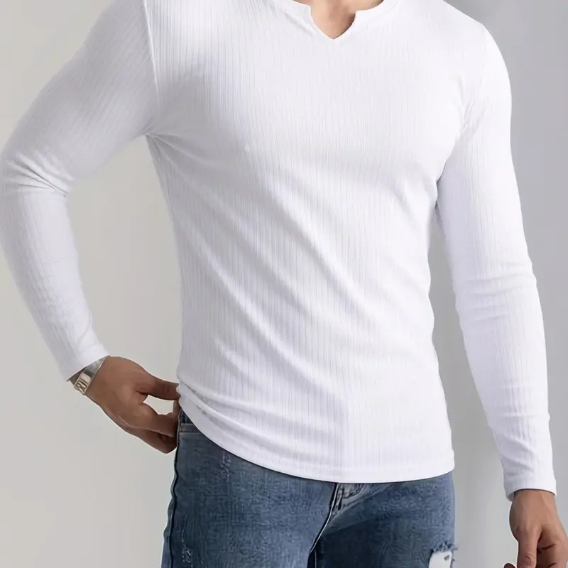 Men's Fall Outfits Solid Color Designed V-Neck Long Sleeve T-Shirt for Daliy Wear, Old Money Style Trendy Outdoor Casual Versatile Sports Style, Casual Sport Tee, Must-Have Wardrobe Essential