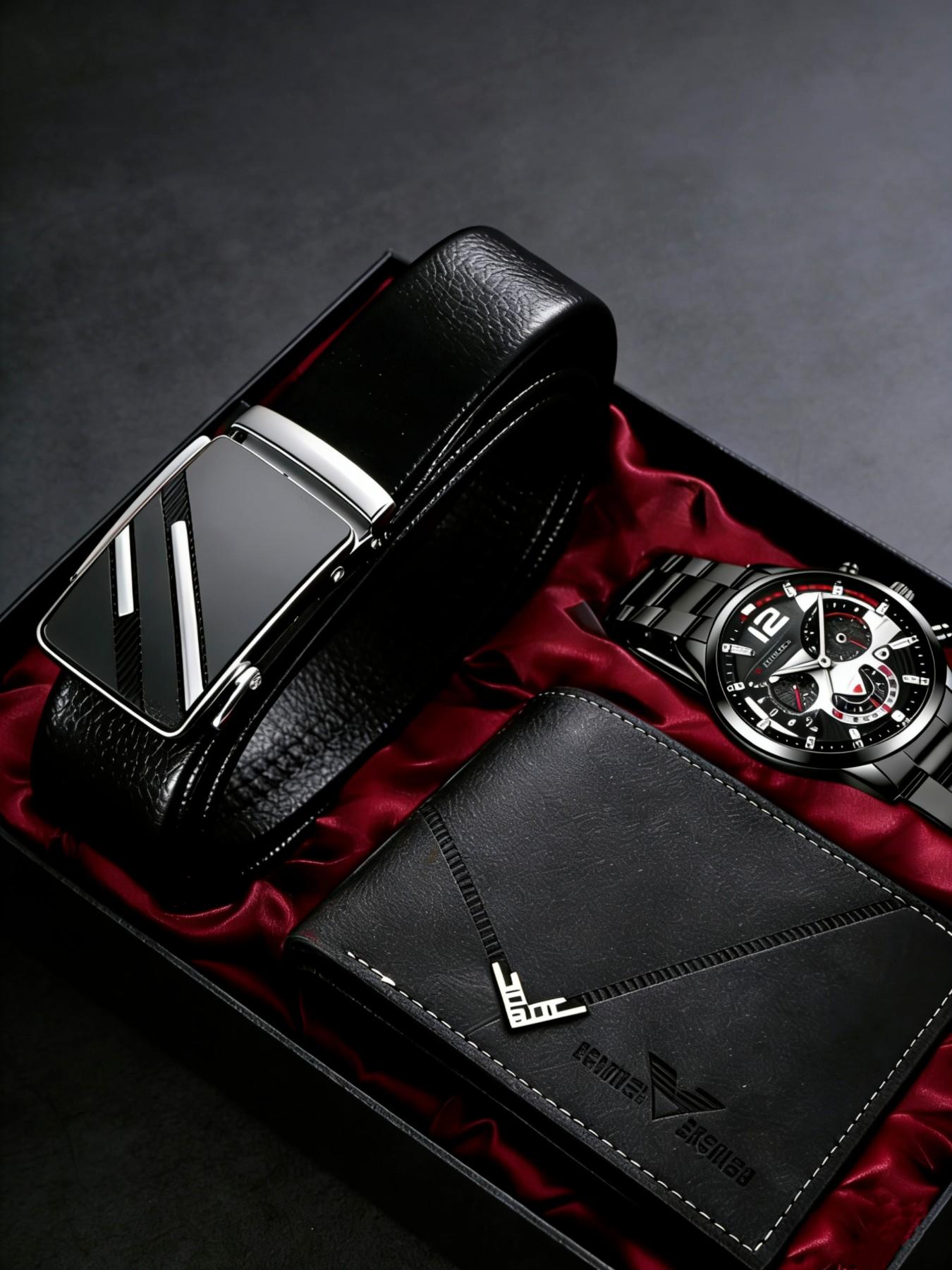 Men's Fashion Quartz Watch Set with Wallet and Belt, Accessories Set, High-End Gift Box Included, Perfect for Business Casual Daily Wear