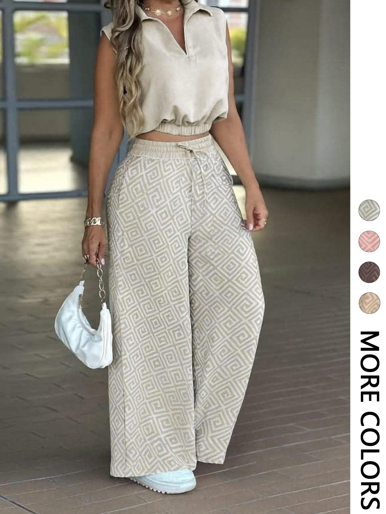 2-Piece Women's Casual Commuter Set, Sleeveless Collared Waist-Defined Crop Top with High-Waisted Drawstring Wide-Leg Pants 2-Piece Women's Casual Commuter Set, Sleeveless Collared Waist-Defined Crop Top with High-Waisted Drawstring Wide-Leg Pants