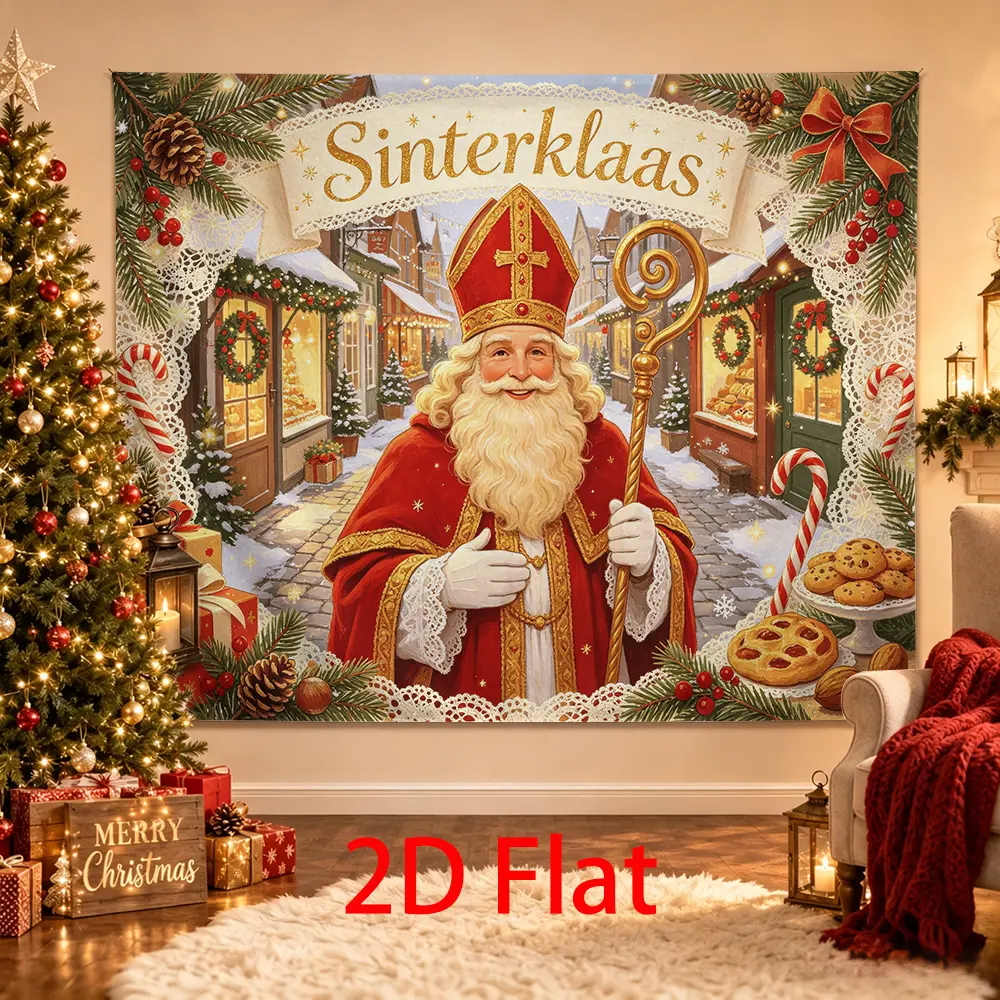 Saint Nicholas Day Photo Backdrop, Sinterklaas Snowy Village Scene Holiday Party Background for Family Events, Party Decorations