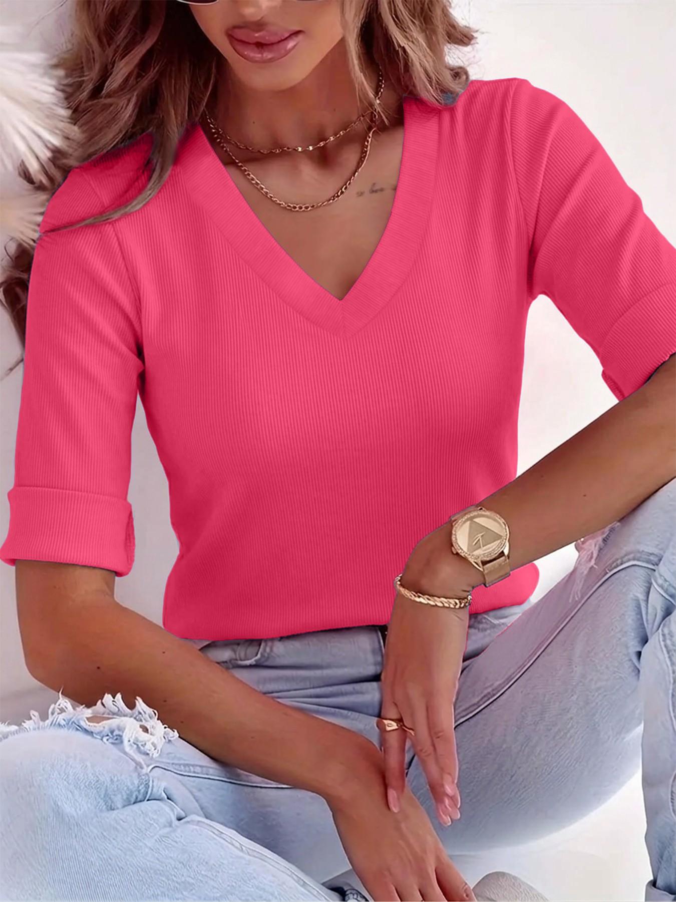 Plus Size Solid V Neck Roll Up Sleeve Tee, Casual Minimalist Streetwear Fitted Soft T-shirt , Women's Plus Clothing for Daily Wear, Everyday Cute Aesthetic Tops, Quality and Durability Jersey, Womenswear