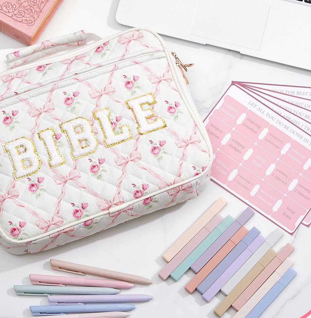 Bible Bag for Women, Floral Bible Bag 12x9x2.5in Large Chenille Letter Bible Cover PU Leather Bible Case with Tabs Colored Pen Highlighters Tote Bag with Shoulder Strap, Bible Journaling Kit Easter Gift for Church Women Girls,Sunday Prayer Supplies