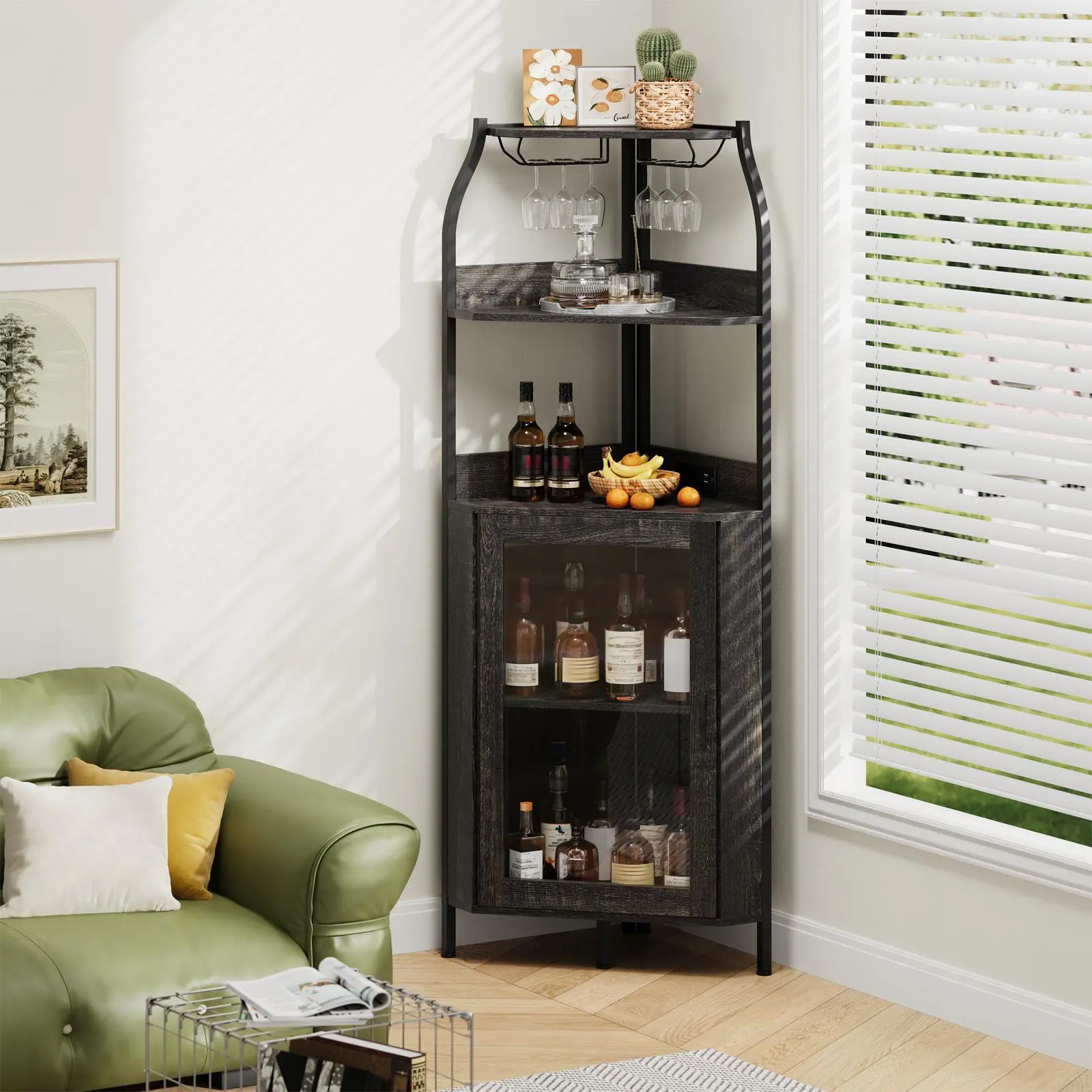 Gaomon 68-Inch Industrial Corner Bar Cabinet with LED Lights, Power Outlet, Glass Rack & 5-Tier Rack, Freestanding Liquor Wine Storage for Small Spaces