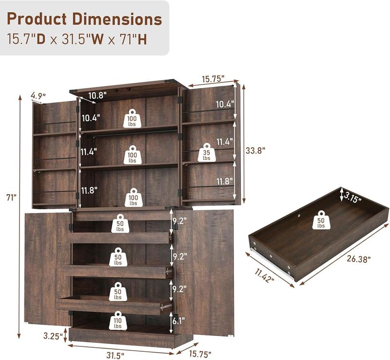 71" with 3 Pack Pull Out Drawers for Cabinets,Farmhouse Storage Cabinet with 6 Door Shelves,with Load-Bearing Steel Pipe,Pantry Organizers for Kitchen,Dining Room, White/brown
