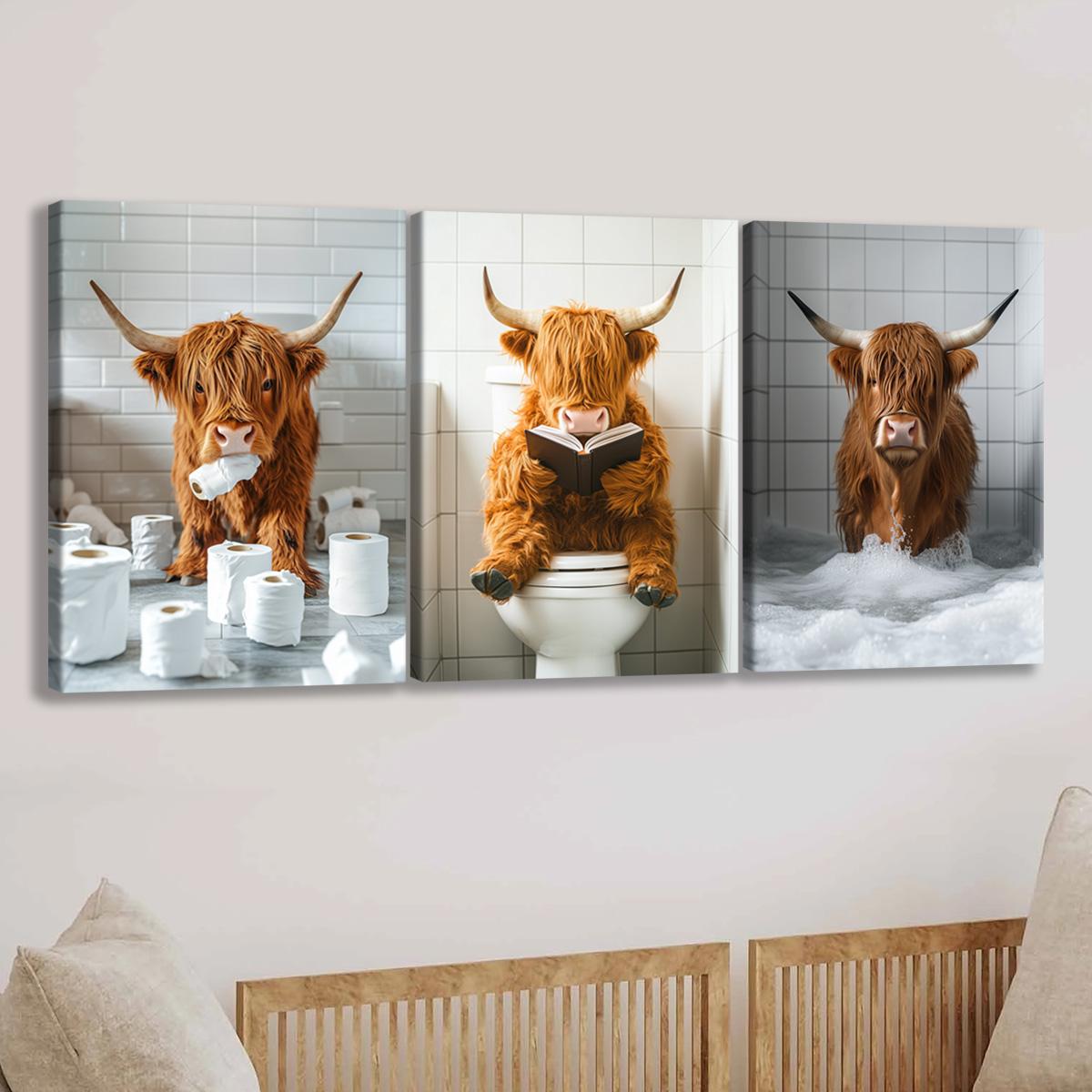 Highland Cow Pattern Canvas Framed Painting, 3 Counts Modern Wall Art Painting, Wall Art Decor for Home Interior Living Room Bedroom Office, Ornaments, Indoor Decoration #TOP PICKS