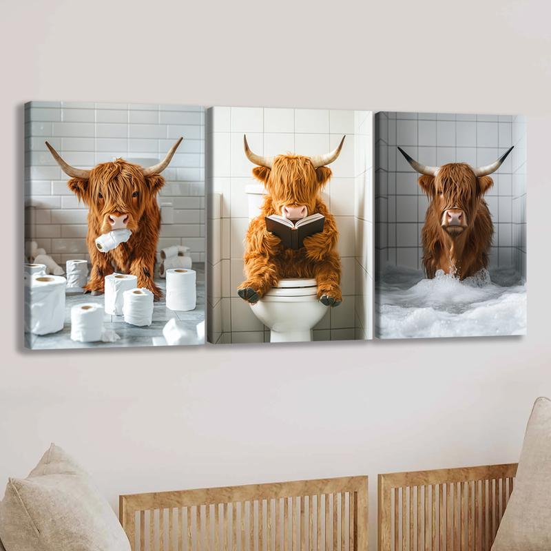 Highland Cow Pattern Canvas Framed Painting, 3 Counts Modern Wall Art Painting, Wall Art Decor for Home Interior Living Room Bedroom Office, Ornaments, Indoor Decoration #TOP PICKS