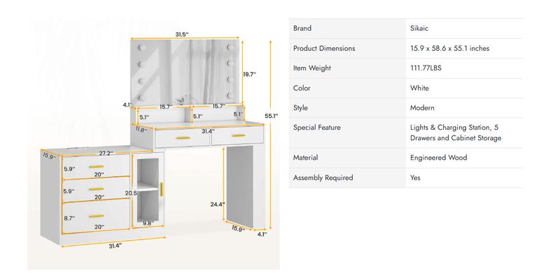 Sikaic LED Makeup Vanity Dresser With Mirror And Charging Station & 5 Drawers Cabinet Storage Furniture Bedroom Aesthetic Modern