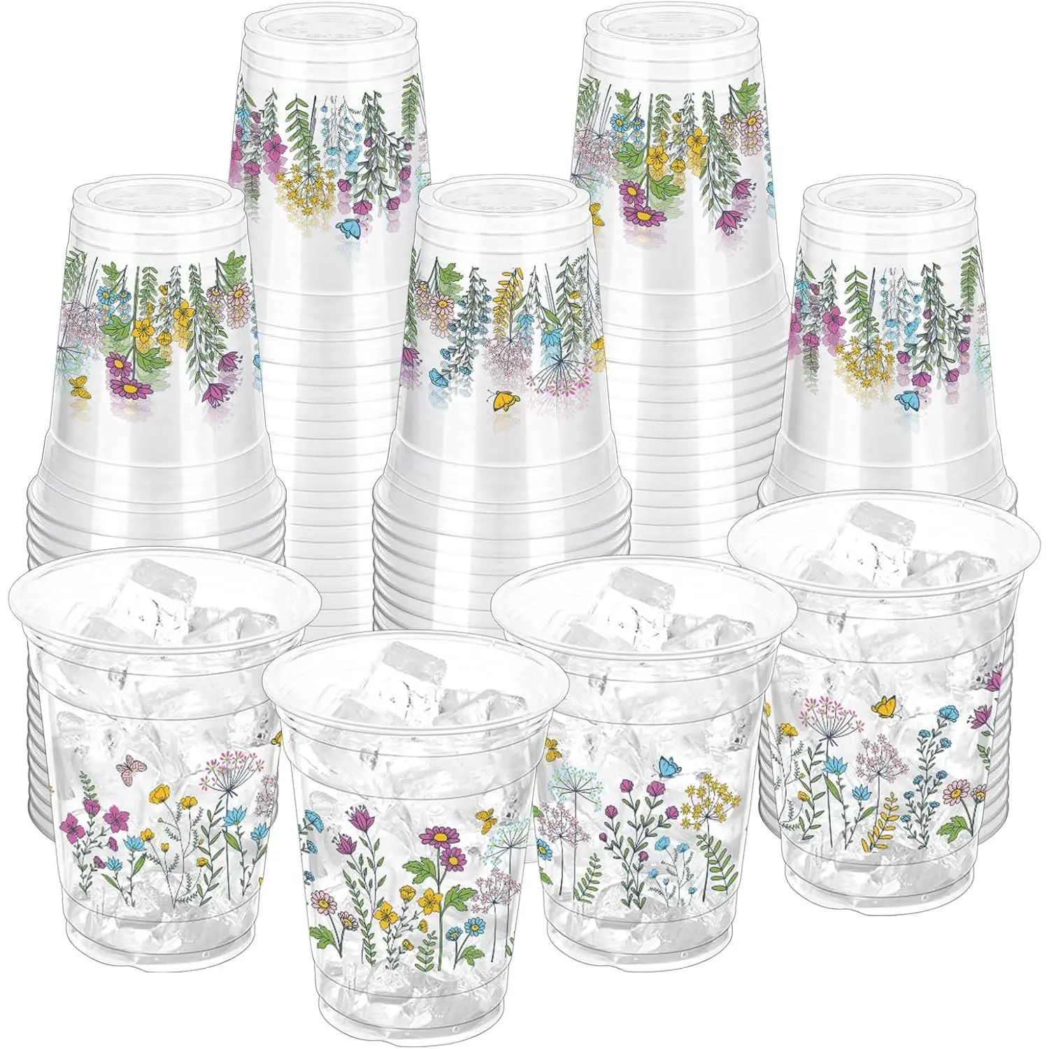 100 Pcs 12 oz Wildflower Plastic Disposable Cups Vintage Floral Drinking Cups for Spring Summer Groovy Party Baby Shower Birthday Party Supplies