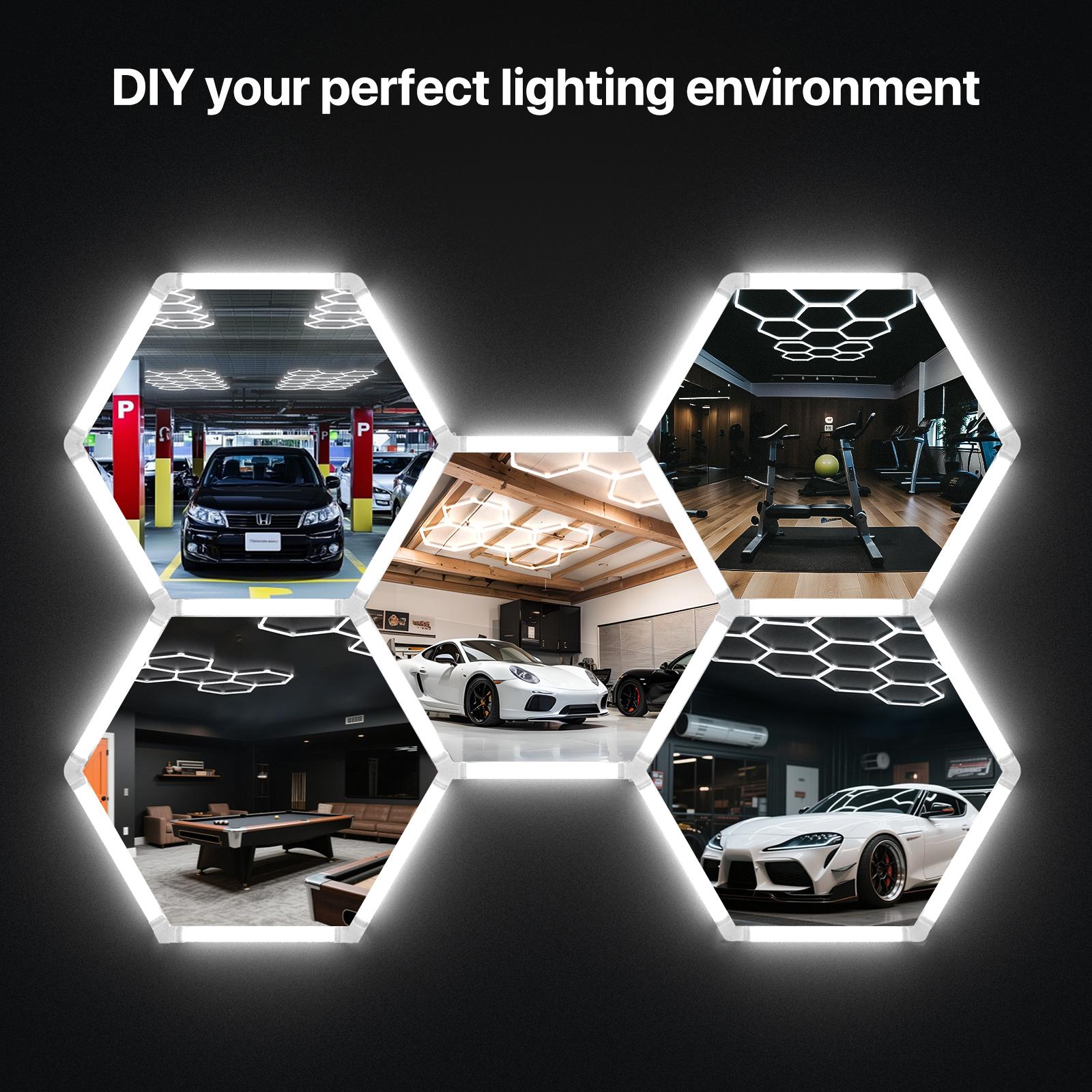 HYPERLITE 624W Hexagon LED Light ，Garage Light – Ultra-Bright Honeycomb Ceiling Lighting, 62,400LM Flicker-Free Daylight, DIY Plug-In Installation for Garage, Workshop, Basement, Car Detailing & Showrooms，SpringGlowUp