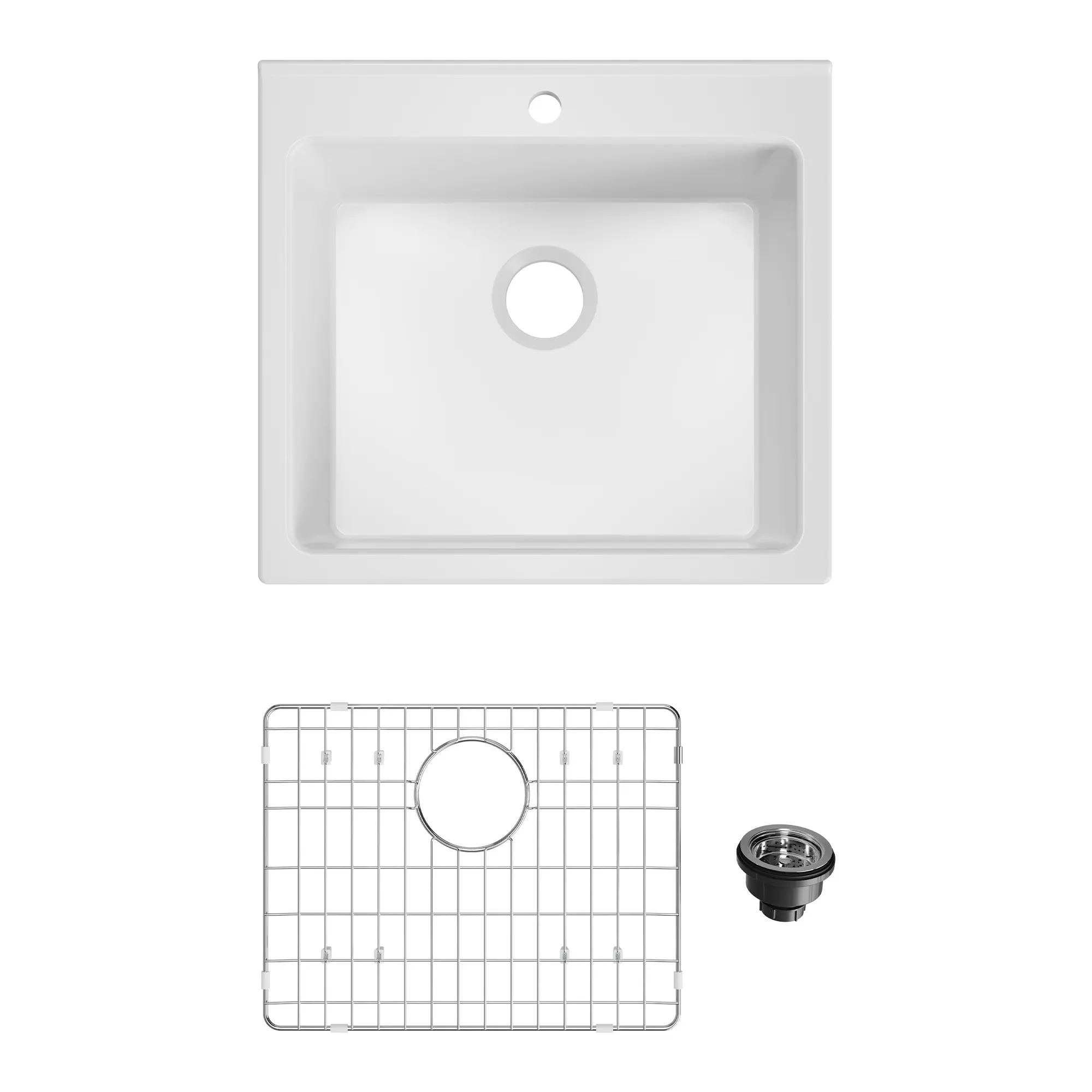 GAOMON Deluxe Fireclay Farmhouse Kitchen Basin - 24 Inch White Ceramic Single Bowl - Glossy Finish, Drop-In, 10” Depth, Includes Drain Assembly & 304 Stainless Steel Bottom Mesh - Ideal for Laundry or Bar