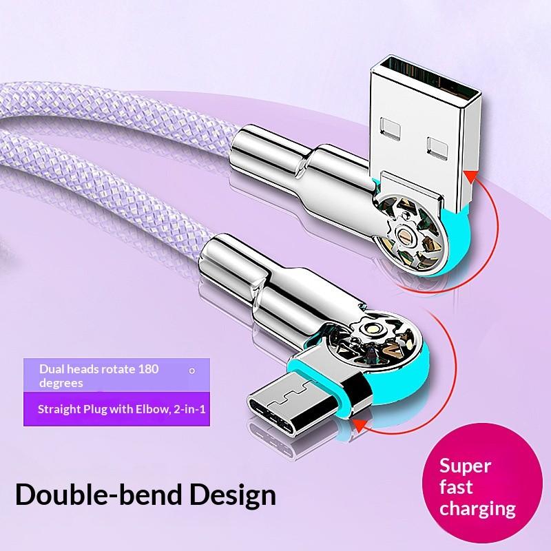 Dual Bend Head Rotating Type-C Super Fast Charging Data Cable for Apple Huawei Honor Vivo Android Phones, High-Speed USB Charger Wire